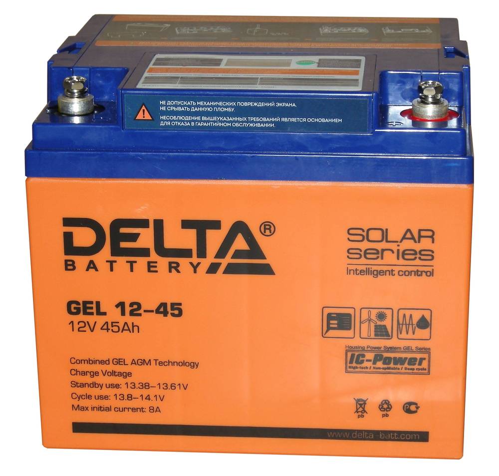 Вид спереди гелевого аккумулятора Delta GEL 12-45