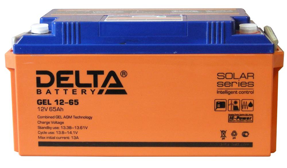 Вид спереди гелевого аккумулятора Delta GEL 12-65