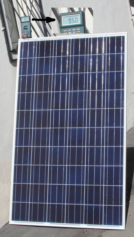 Солнечная батарея 250 Вт и амперметр, показывающий ток КЗ 9,5 А